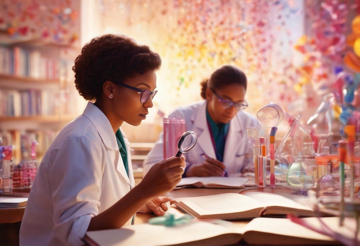 A serene landscape with a diverse group of people looking through magnifying glasses at vibrant, illuminated cells that represent cancer research. In the background, there are open books and beakers symbolizing scientific discovery, with warm sunlight shining down, creating an atmosphere of hope. Colorful ribbons symbolizing various cancer awareness stand in the foreground. super-realistic. vibrant colors. soft focus.