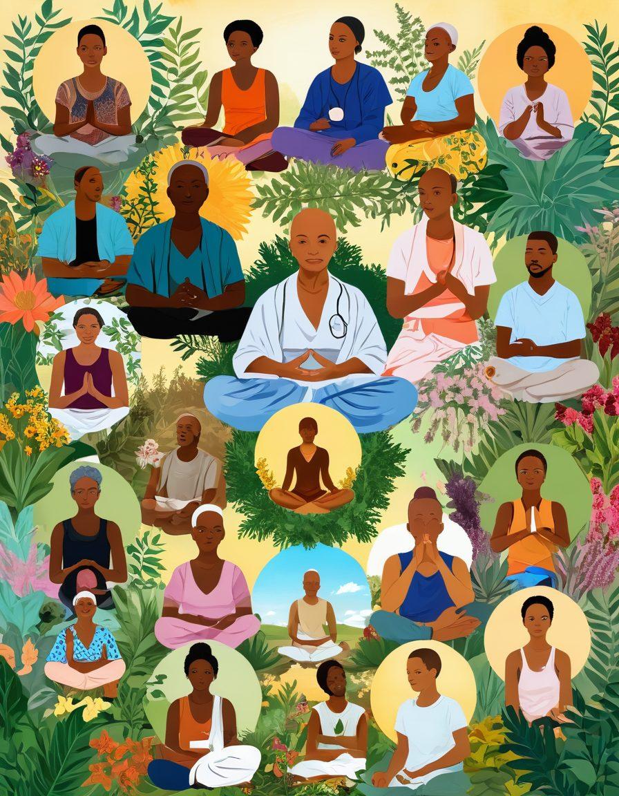 A collage of diverse cancer patients sharing their personal stories, surrounded by symbols of holistic care such as herbal plants, meditation, and supportive community gatherings. The background features a serene nature scene, symbolizing healing and hope. Warm and uplifting colors to evoke positivity and empowerment. super-realistic. vibrant colors. peaceful atmosphere.