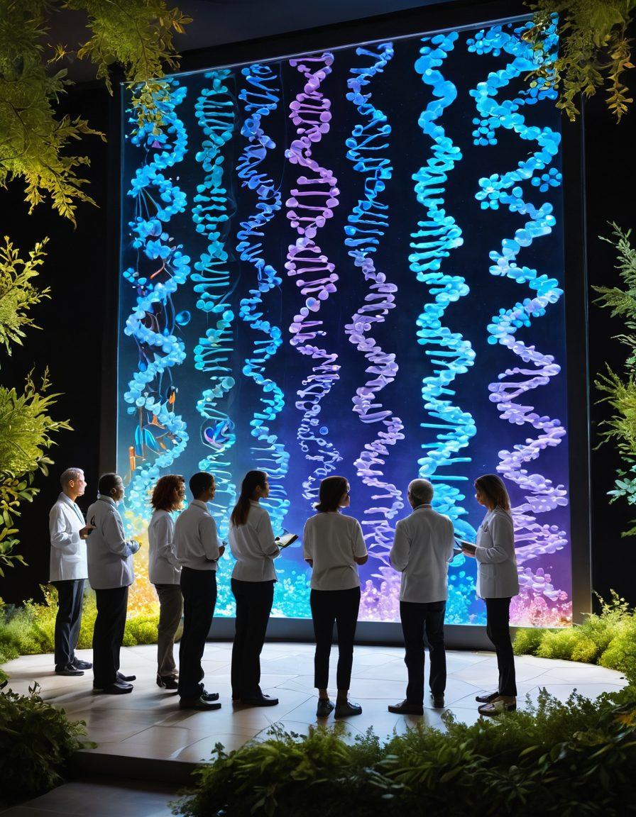 A vibrant scene depicting a diverse group of individuals, including patients, healthcare professionals, and researchers, gathered around a glowing, interactive holographic display of DNA strands and cells, symbolizing hope and scientific advancement in oncology. The background features a serene, healing garden with soft natural light filtering through. The overall mood should convey empowerment, unity, and progress in cancer support. super-realistic. vibrant colors. soft focus.